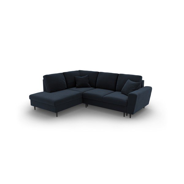 Tmavě modrá sametová rozkládací/s úložným prostorem rohová pohovka (levý roh/do L) Kyoto – Cosmopolitan Design-image-1