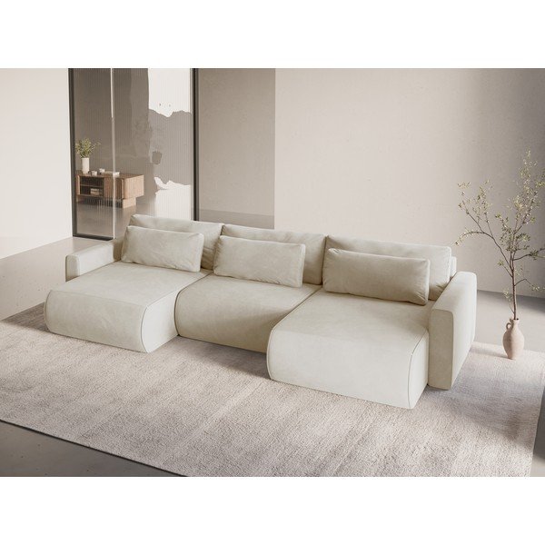 Béžová sametová rozkládací rohová pohovka s úložným prostorem  (do "U") Belfast – Cosmopolitan Design-image-1