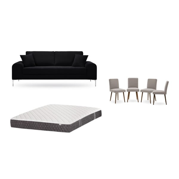 Set třímístné černé pohovky, 4 šedobéžových židlí a matrace 160 x 200 cm Home Essentials