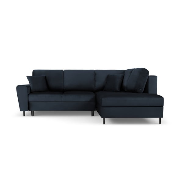 Tmavě modrá sametová rozkládací/s úložným prostorem rohová pohovka (pravý roh/do L) Kyoto – Cosmopolitan Design