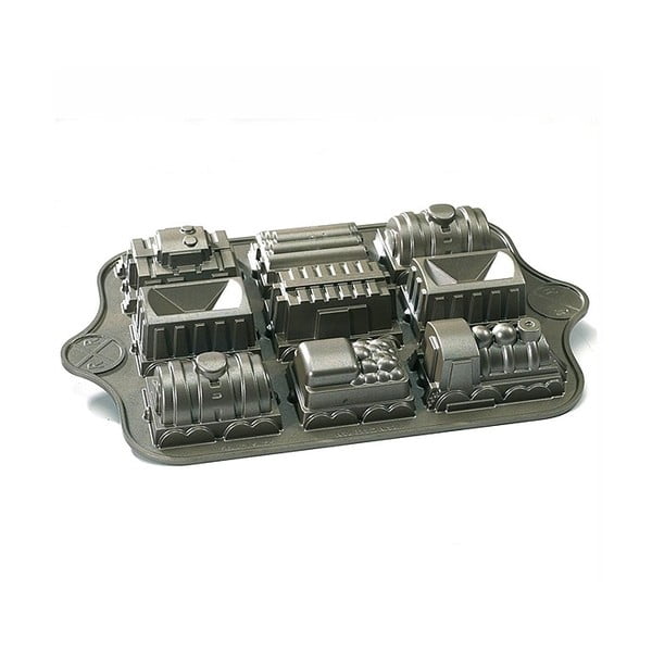 Forma na 9 mini bábovek ve tvaru vláčku ve stříbrné barvě Nordic Ware Train, 1,2 l