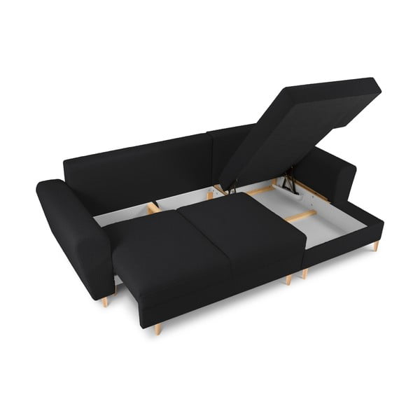 Černá rozkládací/s úložným prostorem rohová pohovka z textilie bouclé (pravý roh/s lenoškou) Kyoto – Cosmopolitan Design-image-3