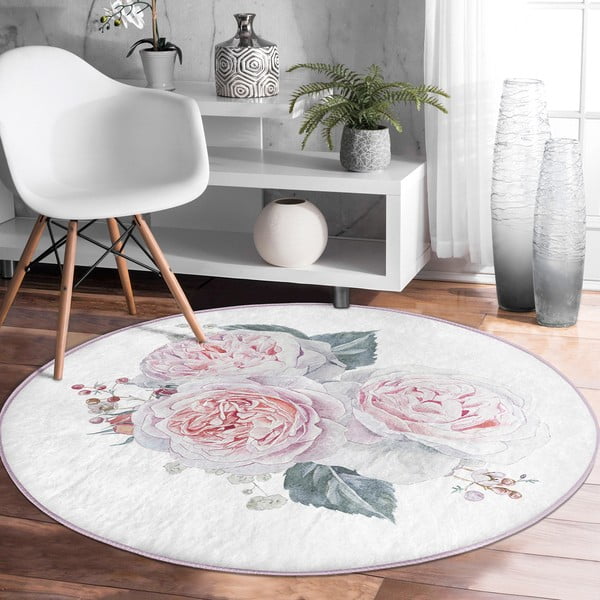 Bílo-růžový pratelný kulatý koberec vhodný pro robotické vysavače ø 80 cm Comfort – Mila Home-image-1