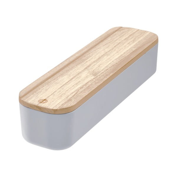 Šedý úložný box s víkem ze dřeva paulownia iDesign Eco, 9 x 36,5 cm