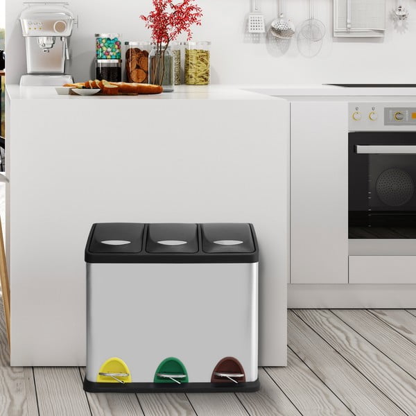 Ocelový odpadkový koš 3x8 l na tříděný odpad/nášlapný v matně stříbrné barvě   Tri Selectif – MSV-image-1