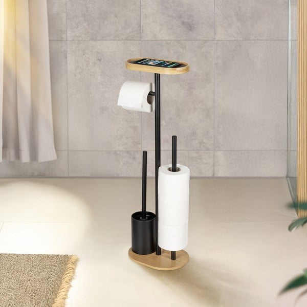 Černý/v přírodní barvě ocelový stojan na toaletní papír se štětkou Pomarolo – Wenko-image-1