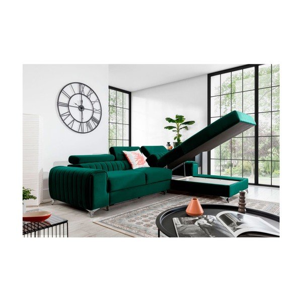 Zelená sametová rozkládací/s úložným prostorem rohová pohovka (pravý roh/s lenoškou) Grayson – ELTAP-image-3