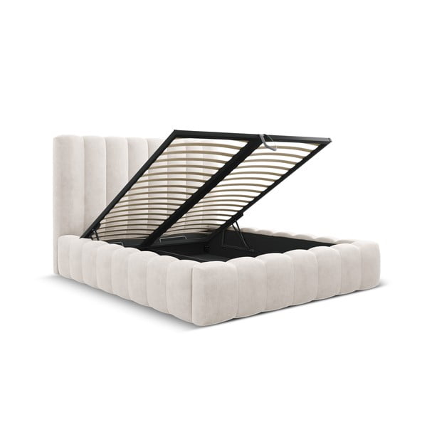 Krémová čalouněná dvoulůžková postel s úložným prostorem a roštem 200x200 cm Kelp – Micadoni Home-image-2