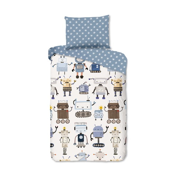Modré/béžové bavlněné dětské povlečení na jednolůžko 140x200 cm Robo – Good Morning
