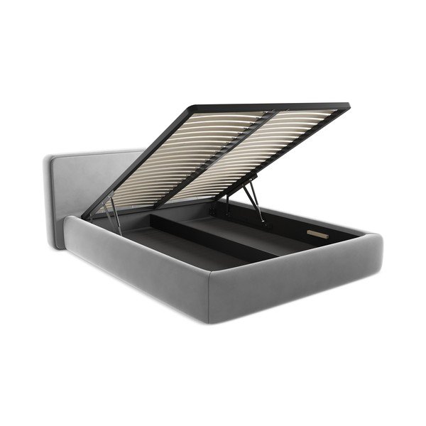 Šedá čalouněná dvoulůžková postel s úložným prostorem s roštem 160x200 cm Kiana – Makamii-image-3