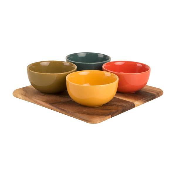 Set 4 misek na dip a prkénka z akáciového dřeva T&G Woodware Dip Dish Set Colora