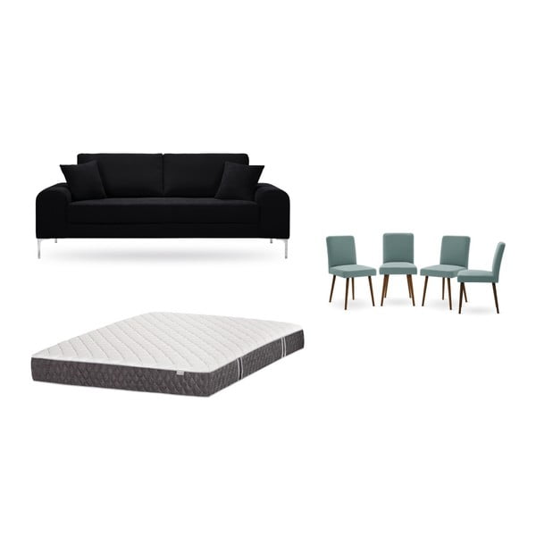 Set třímístné černé pohovky, 4 šedozelených židlí a matrace 160 x 200 cm Home Essentials