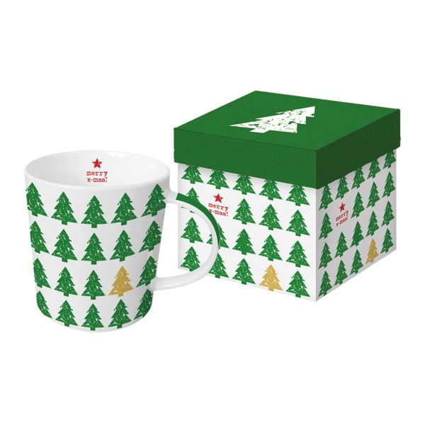 Hrnek z kostního porcelánu s vánočním motivem v dárkovém balení PPD Scandic Tree Green, 350 ml
