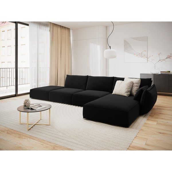 Černá sametová rohová pohovka (pravý roh/s lenoškou) Vanda – Mazzini Sofas-image-1