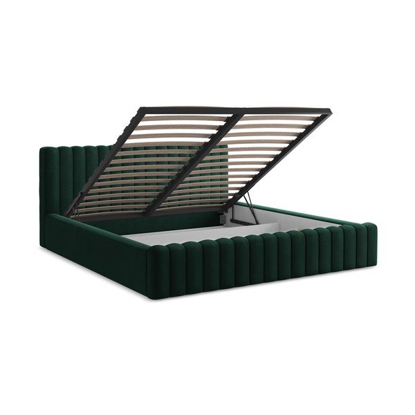 Tmavě zelená čalouněná dvoulůžková postel s úložným prostorem s roštem 140x200 cm Lemi – Makamii-image-3