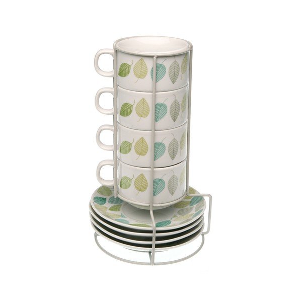 Sada 4 hrnečků s podšálky a stojánkem Versa Leaf