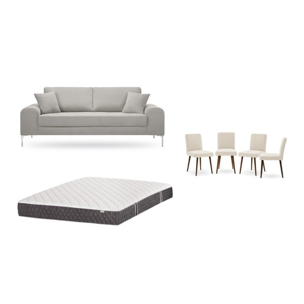 Set třímístné světle šedé pohovky, 4 krémových židlí a matrace 160 x 200 cm Home Essentials