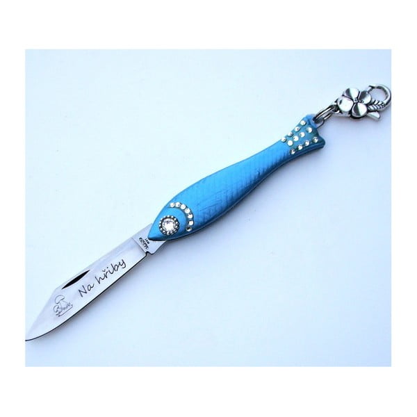 Světle modrý český nožík rybička s nápisem Na Hřiby v designu od Alexandry Dětinské