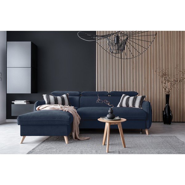 Tmavě modrá sametová rozkládací rohová pohovka (levý roh) Sweet Harmony – Miuform-image-1