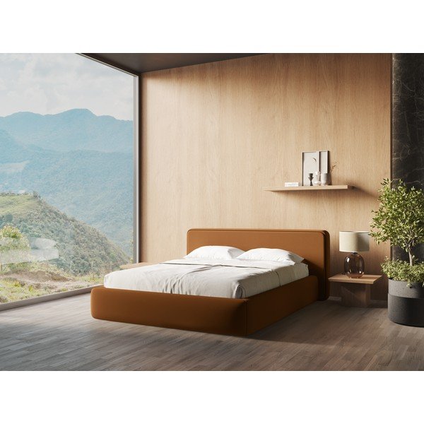 Čalouněná dvoulůžková postel v terakotové barvě s úložným prostorem s roštem 140x200 cm Kiana – Makamii-image-1