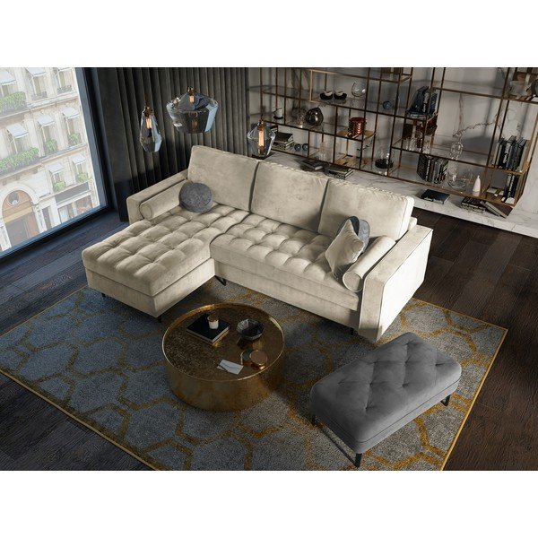 Béžová sametová rozkládací rohová pohovka Milo Casa Santo, levý roh-image-1