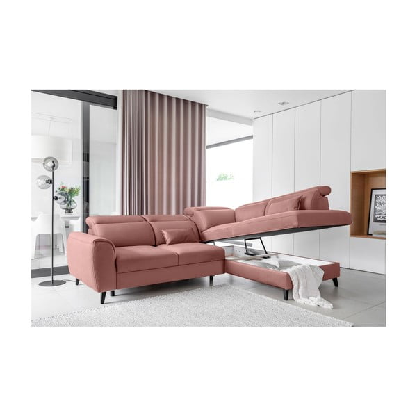 Růžová sametová rozkládací/s úložným prostorem rohová pohovka (pravý roh/do L) Noble – ELTAP-image-3