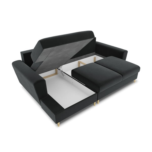 Tmavě šedá sametová rozkládací/s úložným prostorem rohová pohovka (levý roh/s lenoškou) Kyoto – Cosmopolitan Design-image-3
