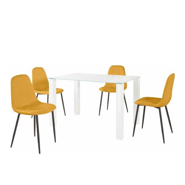 Sada jídelního stolu a 4 žlutých židlí Støraa Dante, délka stolu 120 cm
