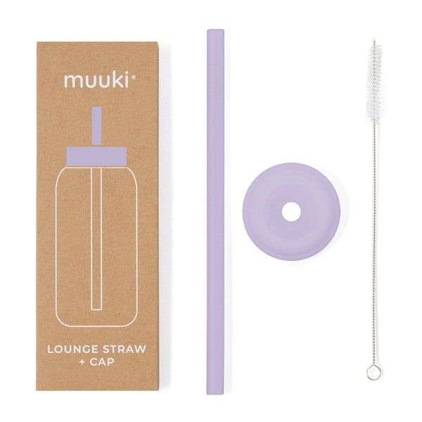 Silikonové brčko s čistícím kartáčkem/s víčkem Pastel Lilac – Muuki