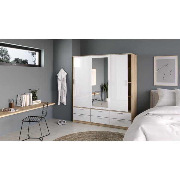 Šatní skříň v dekoru dubu s posuvnými dveřmi v bílo-přírodní barvě 181x200 cm Line – Tvilum-image-1