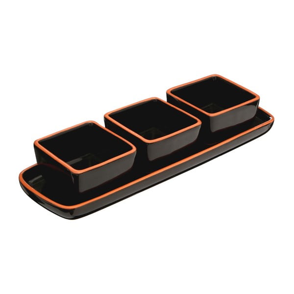 Set 3 černých misek a podnosu z glazované terakoty Premier Housewares Calisto