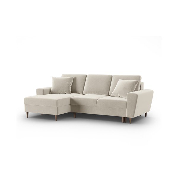 Béžová sametová rozkládací/s úložným prostorem rohová pohovka (levý roh/s lenoškou) Kyoto – Cosmopolitan Design-image-4