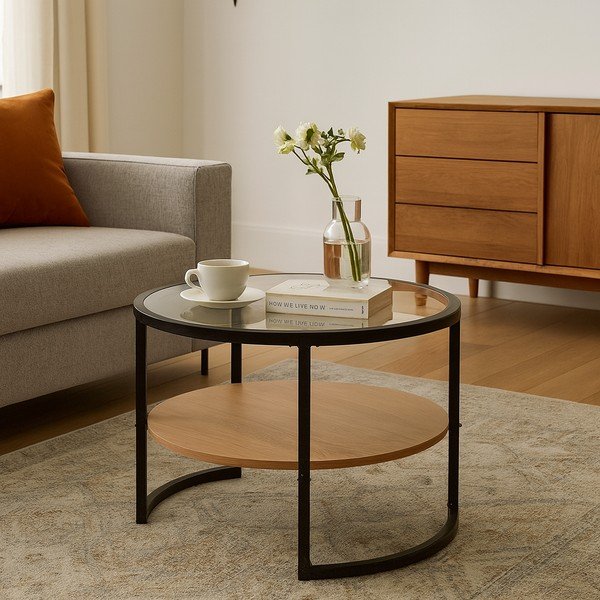 Černý/v přírodní barvě kulatý konferenční stolek v dekoru dubu ø 68 cm Zanu – Bonami Essentials-image-1