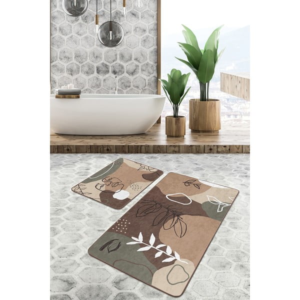 Hnědé sametové koupelnové předložky v sadě 2 ks 60x100 cm Abstract Faces – Mila Home-image-2