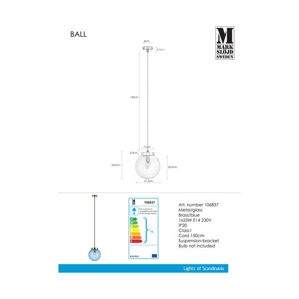 Závěsné svítidlo v modro-zlaté barvě Markslöjd Ball Two, ⌀ 22 cm-image-3