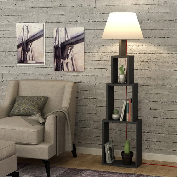 Antracitová volně stojící lampa se světle šedým stínítkem Homitis Tower-image-1