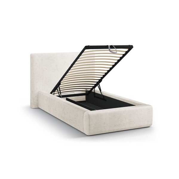 Krémová čalouněná jednolůžková postel s úložným prostorem s roštem 90x200 cm Amy – Micadoni -image-1