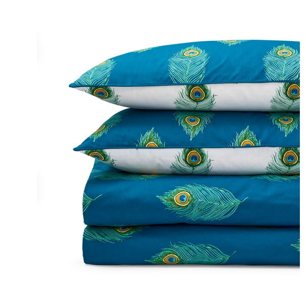 Bílé/zelenomodré bavlněné povlečení na dvoulůžko 200x200 cm Peacock Feather – Their Nibs