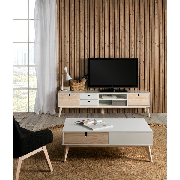 Bílý TV stolek s nohami z borovicového dřeva Marckeric Kiara-image-1