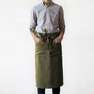 Olivově zelená lněná zástěra Linen Tales Garcon, délka 76 cm