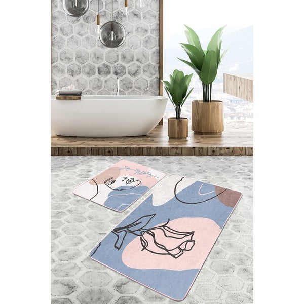 Modro-růžové sametové koupelnové předložky v sadě 2 ks 60x100 cm Abstract Faces – Mila Home-image-1