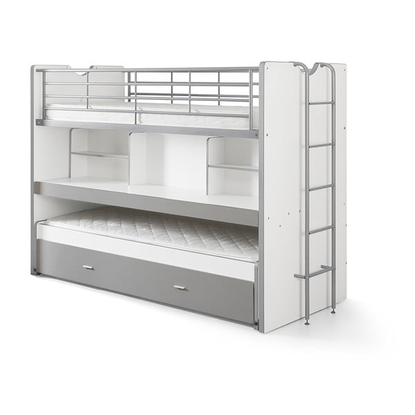 Bílo-šedá patrová dětská postel s výsuvným lůžkem s úložným prostorem s roštem 90x200 cm Bonny – Vipack