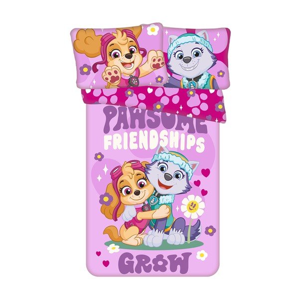 Růžové bavlněné dětské povlečení do postýlky 100x135 cm Paw Patrol "Pawsome friendships grow" – Jerry Fabrics