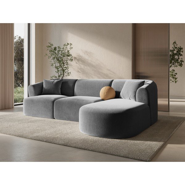 Světle šedá sametová rohová pohovka (pravý roh/s lenoškou) Campi – Cosmopolitan Design-image-1