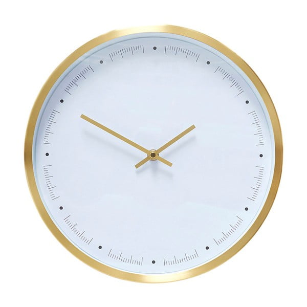 Bílé nástěnné hodiny s rámečkem ve zlaté barvě Hübsch Ibrea, ø 30 cm