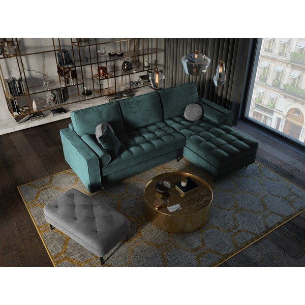 Petrolejově zelená sametová rozkládací rohová pohovka Milo Casa Santo, pravý roh-image-1