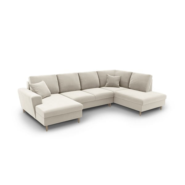 Béžová sametová rozkládací/s úložným prostorem rohová pohovka (pravý roh/do "U") Kyoto – Cosmopolitan Design-image-1