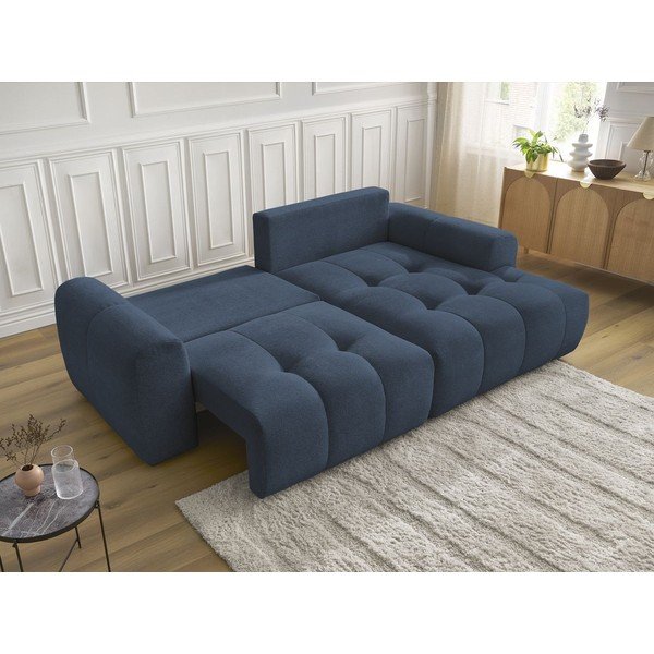 Modrá žinylková rozkládací/s úložným prostorem rohová pohovka (pravý roh/s lenoškou) Roxelane – Bobochic Paris-image-4