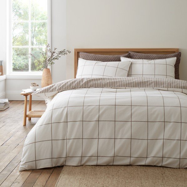 Krémové/taupe flanelové povlečení na dvoulůžko 200x200 cm Brushed Regal Check – Bianca-image-1