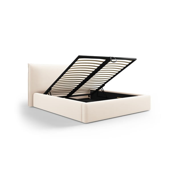 Krémová čalouněná dvoulůžková postel s úložným prostorem a roštem 160x200 cm Elio – Milo Casa-image-1